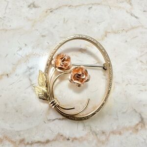 Vintage Krementz Yellow and Rose Gold Over Lay Plated Filled Roses Oval Brooch